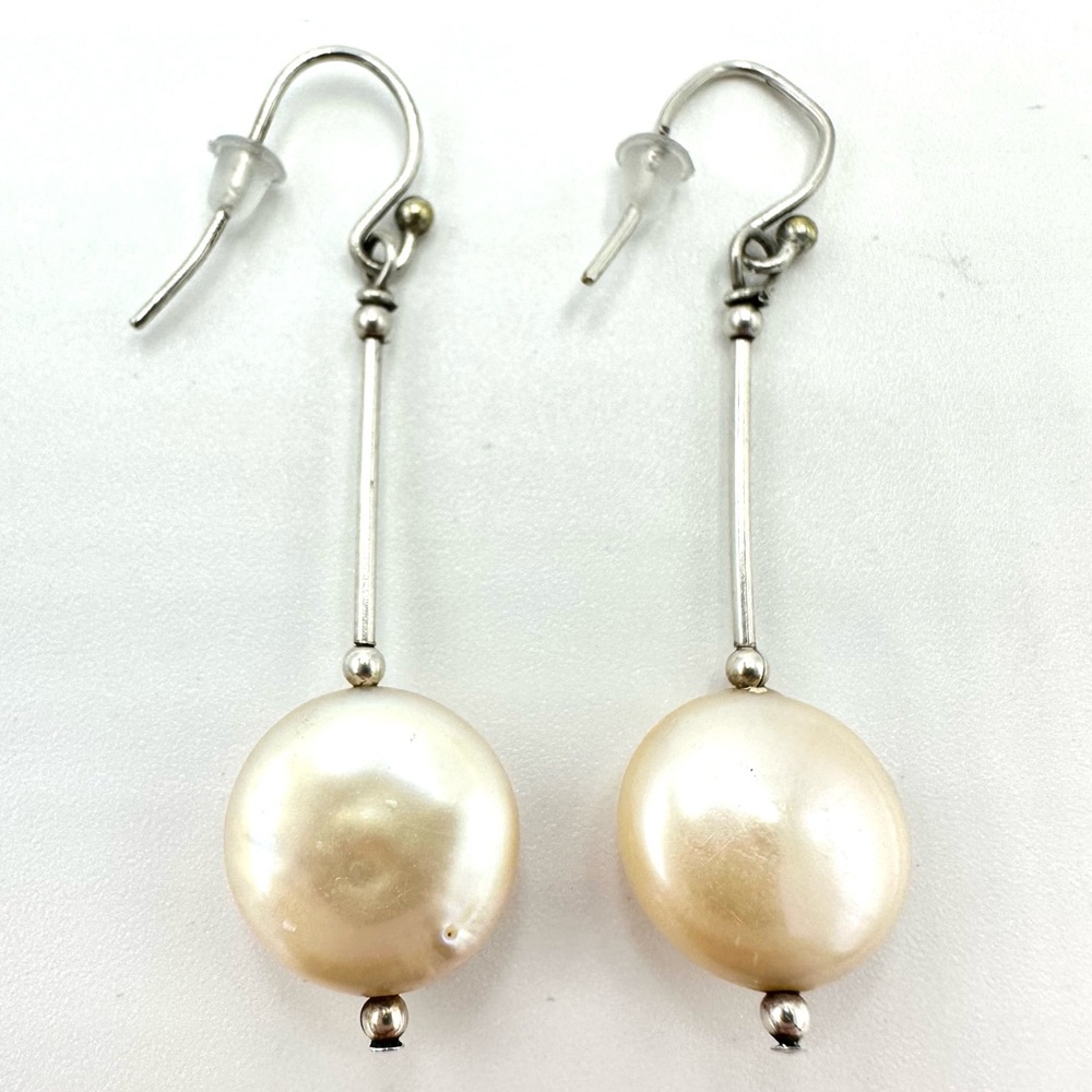 Elegant 925/10SF Silver and Coin Pearl Linear Drop Earrings